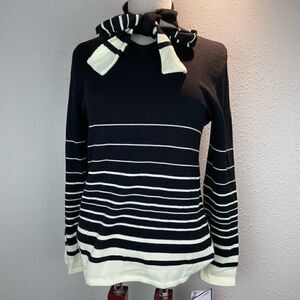 NWT Leslie Fay Womens Black and White Sweater with Attached Tie Scarf Size S